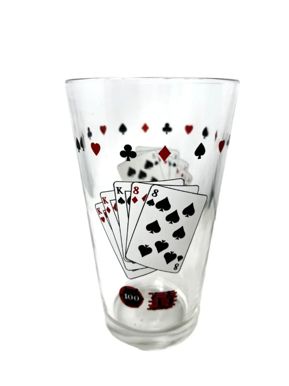 VTG Barware Set of 4 Beer Glasses Full House Playing Cards  w/ Poker Chips
